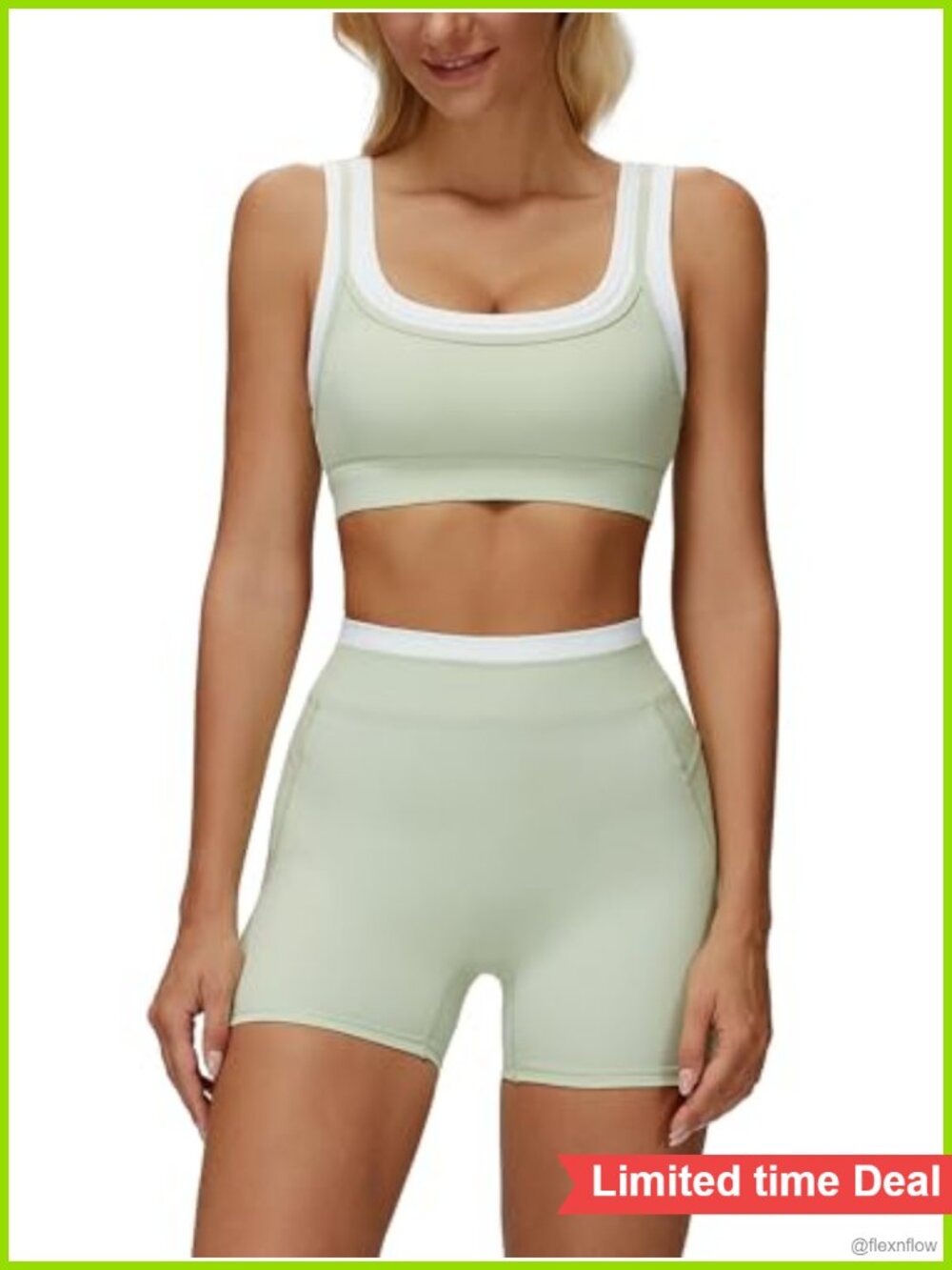 Layered Workout Set Square Neck Sports Bra High Waist Biker Shorts Gym Yoga
